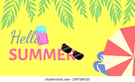 Summer flat design vector background. Watermelon, ice cream, lifebuoy, sunglasses, palm leaves, slippers, umbrella
