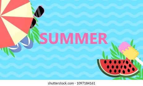 Summer flat design vector background. Watermelon, ice cream, lifebuoy, sunglasses, palm leaves, slippers, umbrella