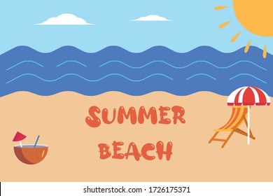 Summer flat design vector concept: beach scenery, deck chair, the word summer beach and coconut drink