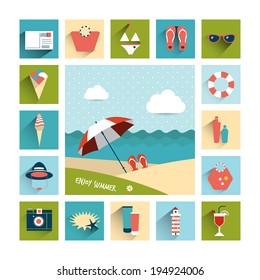 Summer flat icon concept. Collage concept. Vector background.