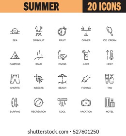 Summer flat icon set. Collection of high quality outline symbols of season for web design, mobile app. Vector thin line vector icons or logo of beach, hotel, fishing, ice cream, diving, sea, etc.