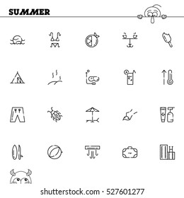 Summer flat icon set. Collection of high quality outline symbols of season for web design, mobile app. Vector thin line vector icons or logo of beach, hotel, fishing, ice cream, diving, sea, etc.