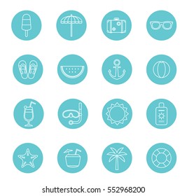 summer flat icon set, illustration, vector, season, holiday, colorful, funny, outline & dark background