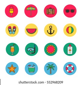summer flat icon set, illustration, vector, season, holiday, colorful, funny, outline & color