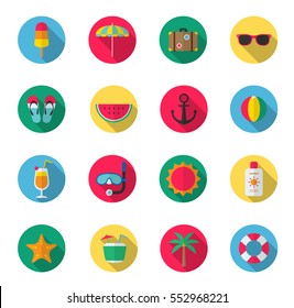 summer flat icon set, illustration, vector, season, holiday, colorful, funny, color