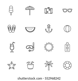 summer flat icon set, illustration, vector, season, holiday, colorful, funny, outline