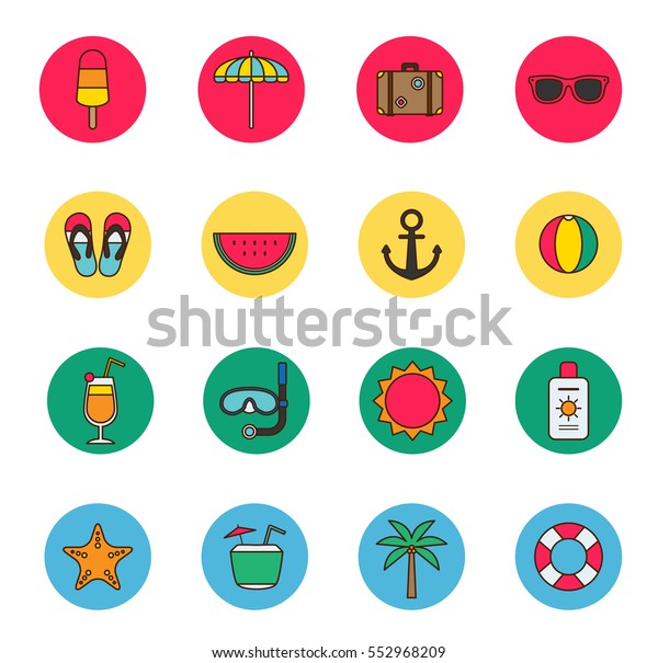 summer flat icon set,
illustration, vector, season, holiday, colorful, funny, outline
& color