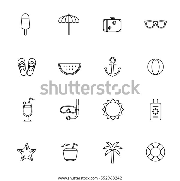 summer flat icon set, illustration,\
vector, season, holiday, colorful, funny,\
outline