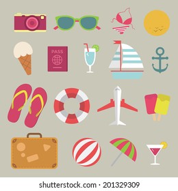 Summer flat icon set on the beach vector