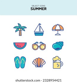 Summer flat icon, Summer vacation articles, Vector set 2