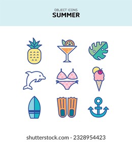Summer flat icon, Summer vacation articles, Vector set 3
