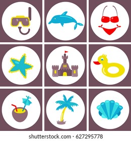 Summer flat icons set. It can be used as - logo, pictogram, icon, infographic element.