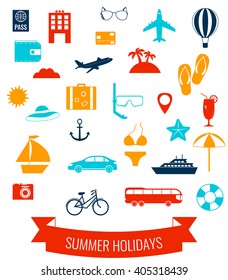 Summer flat icons set. Summer holidays concept. Vector Illustration
