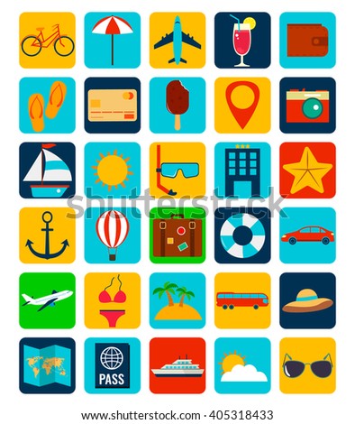 Summer flat icons set.  Summer holidays concept. Vector Illustration