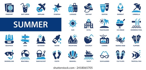 Summer flat icons set. Vacation, montain, beach, trip, travel, camping icons and more signs. Flat icon collection.