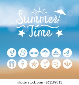 Summer Flat Icons and Text Heading on Blur Background