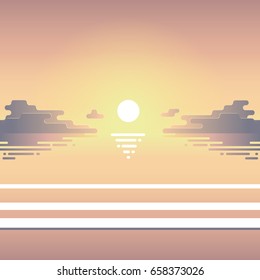 Summer flat illustration of evening beach at sunset with waves, sun and clouds, vector summer background, seaside view poster