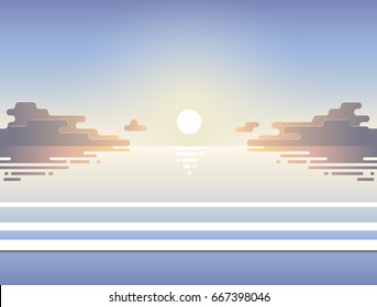 Summer flat illustration of evening beach at sunrise or sunset with waves, sun and clouds, vector summer background, seaside view poster