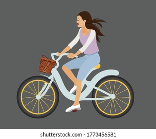 Summer flat illustration of a girl on a bicycle isolated on a dark background. Retro bike with a basket in vector.