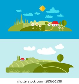 Summer flat illustrations with clouds, flowers, house and trees.