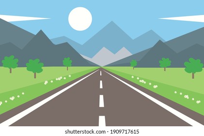 Summer flat landscape with road and mountains