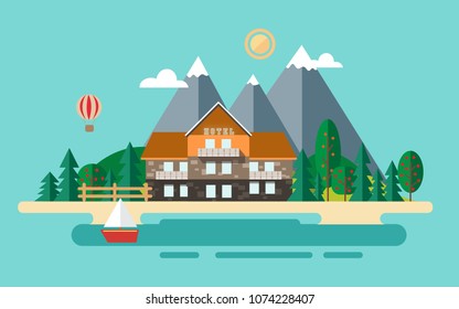 Summer flat landscape vector stock illustration.Small house surrounded by colorful trees, mountains,clouds, air balloon, sail boat and sun.