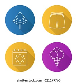 Summer flat linear long shadow icons set. Watermelon slice on stick, swimming trunks, calendar with sun, ice cream. Vector line illustration