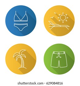 Summer flat linear long shadow icons set. Women's swimsuit, swimming trunks, palm tree, lounger with birds and sun. Vector line illustration