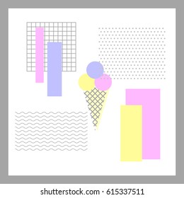 Summer flat print with images of ice cream cones. Pastel color purple, pink and yellow. Universal print for banner, card, sign. Vector illustration EPS 8