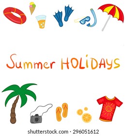 Summer flat simple sketch vector set - holiday or a weekend at the seaside, on the beach