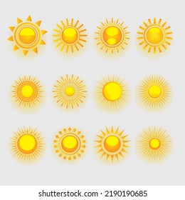 Summer flat sun logo. Yellow suns circles, bright natural lighting objects. Heating sunshine, isolated spring warm season utter vector symbols