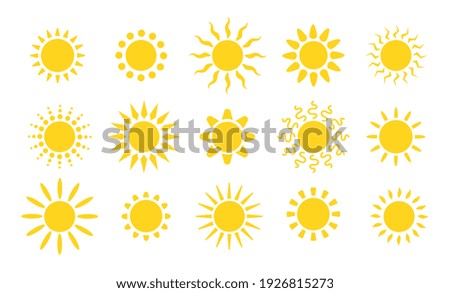 Summer flat sun logo. Yellow suns circles, bright natural lighting objects. Heating sunshine, isolated spring warm season utter vector symbols
