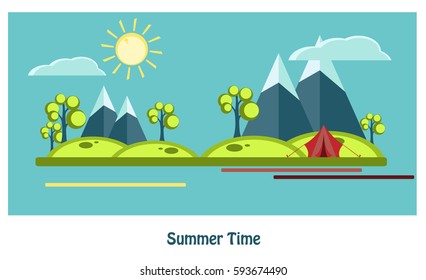 Summer flat vector design. Elements for your design. Nice mountains view over blue sky. Eps10
