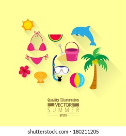 Summer Flat Vector Icon Set : Palm Tree, Bikini, Beach, Dolphin, Diving Mask etc.