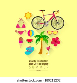 Summer Flat Vector Icon Set : Bikini, Bicycle, Beach, Flower, Ice Cream, etc.