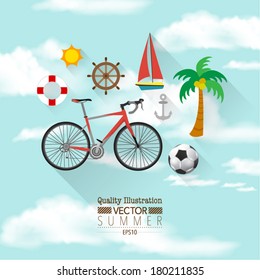 Summer Flat Vector Icon Set : Bicycle, Sun, Sail Boat, Soccer, Anchor, Palm Tree.