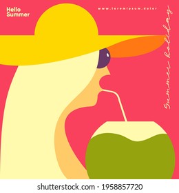 Summer Flat vector illustration. background patterns on the theme of summer, vacation, weekend, beach. The girl drinks a cocktail. Perfect background for cover art, flyer, banner