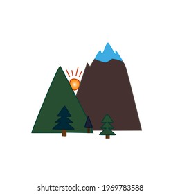 Summer flat vector illustration of nature with mountains, forest and sunset.