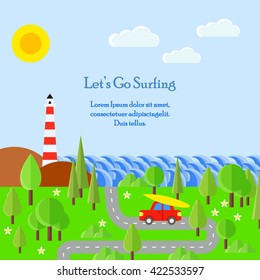 Summer flat vector illustration. Road, waves, red car, surf board, trees, lighthouse. Go to surfing. Car with surf board. Summer time. Travel to the ocean with big waves.