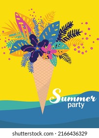Summer flat vector illustrations,background.Flower, ice cream.Summer vibe party  background, posters, cover art, flyer, banner.