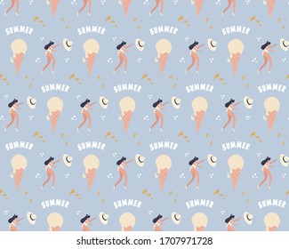 Summer flat vector seamless pattern. Funny pattern with girl and ice cream. 