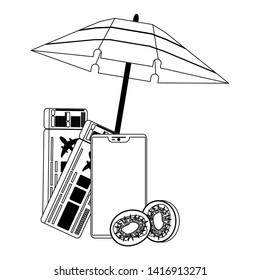 Summer flight ticket umbrella and smartphone with kiwis cartoons vector illustration graphic design