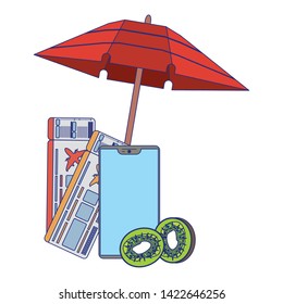 Summer flight ticket umbrella and smartphone with kiwis cartoons vector illustration graphic design