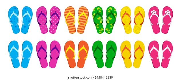 Summer flip flop icon, beach  slipper, sand sandal, pool shoe set, cartoon rubber footwear isolated on white background. Comic vector illustration