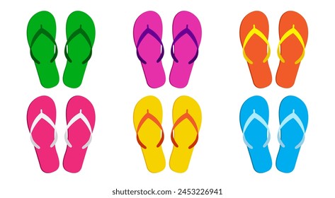 Summer flip flop icon, beach  slipper, sand sandal, colorful pool shoe set, cartoon rubber footwear isolated on white background. Comic vector illustration