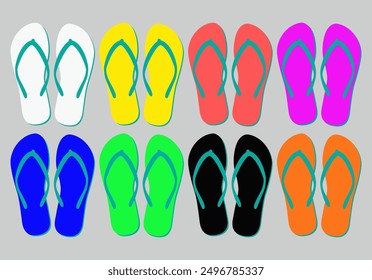 Summer flip flop vector icon, beach slipper, pool shoe, sea sandal set bright pattern, cartoon rubber footwear isolated on white background. Cute illustration