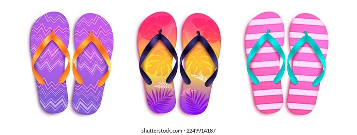 Summer flip flop vector set. Slipper footwear elements with stripes and leaves in colorful design. Vector illustration summer collection. 
