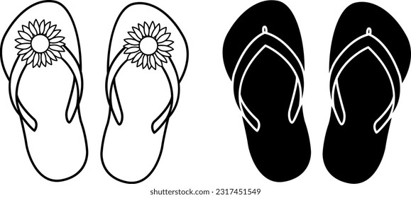 Summer flip flops icons. Vector illustration of Black and White Beach Slippers with Flower