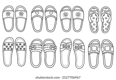 Summer flip flops in linear style of different shapes on white background. Flat black color illustration