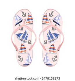 Summer flip flops with nautical design ships and anchors.Vector beach shoes for summer designs.